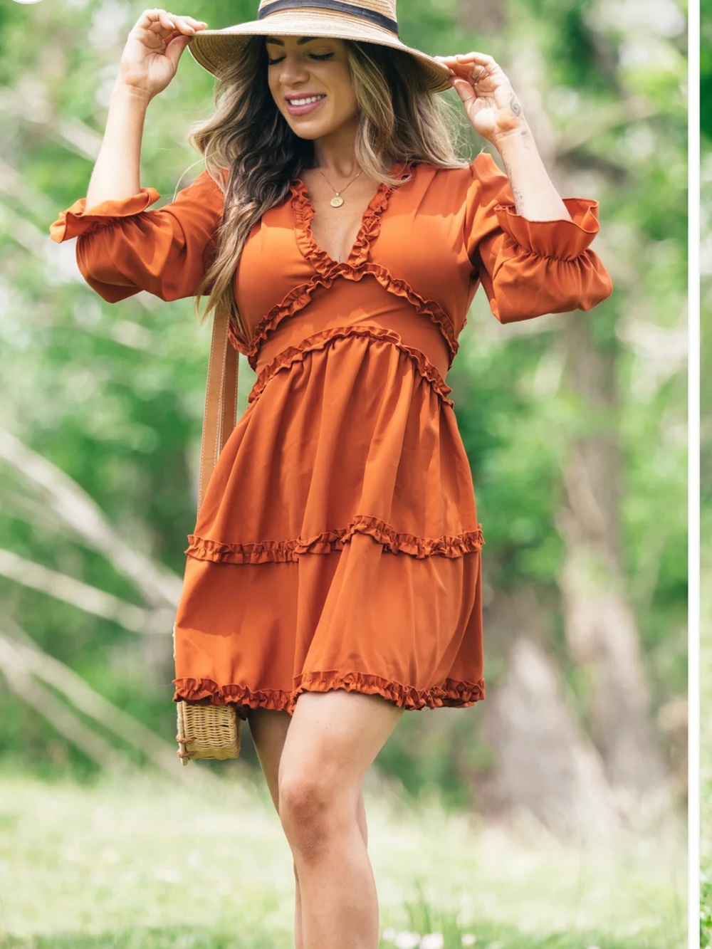 ODDY Rust Orange Long-Sleeve Smocked Mini Dress